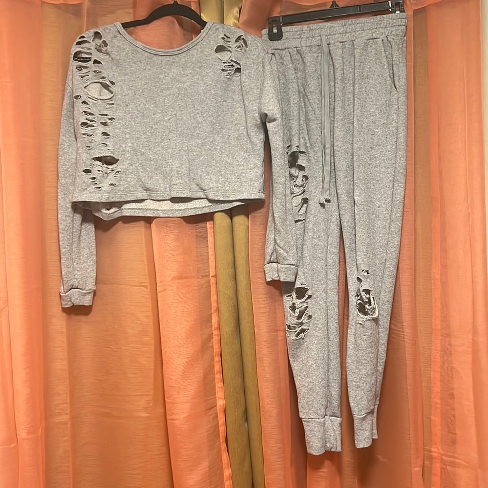 fashion nova cropped distressed grey set